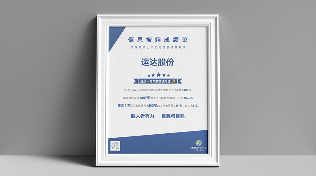 運(yùn)達(dá)連續(xù)4年榮獲上市公司信息披露最高評(píng)級(jí)&ldquo;A&rdquo;級(jí)
